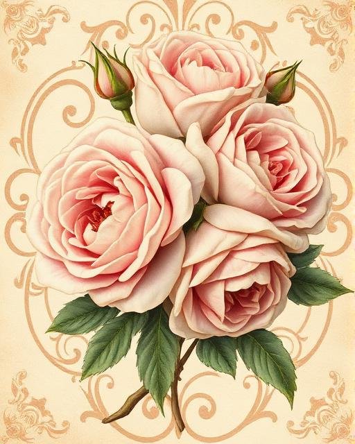 Arte vintage com composição de rosas e arabescos