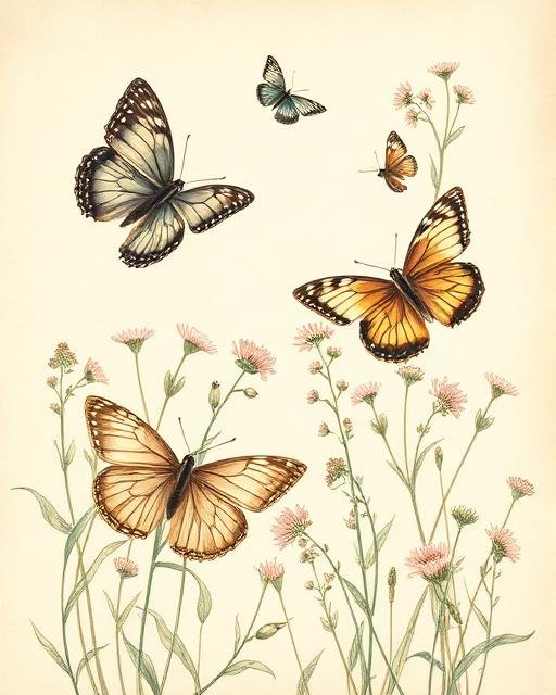 Arte vintage com borboletas e flores