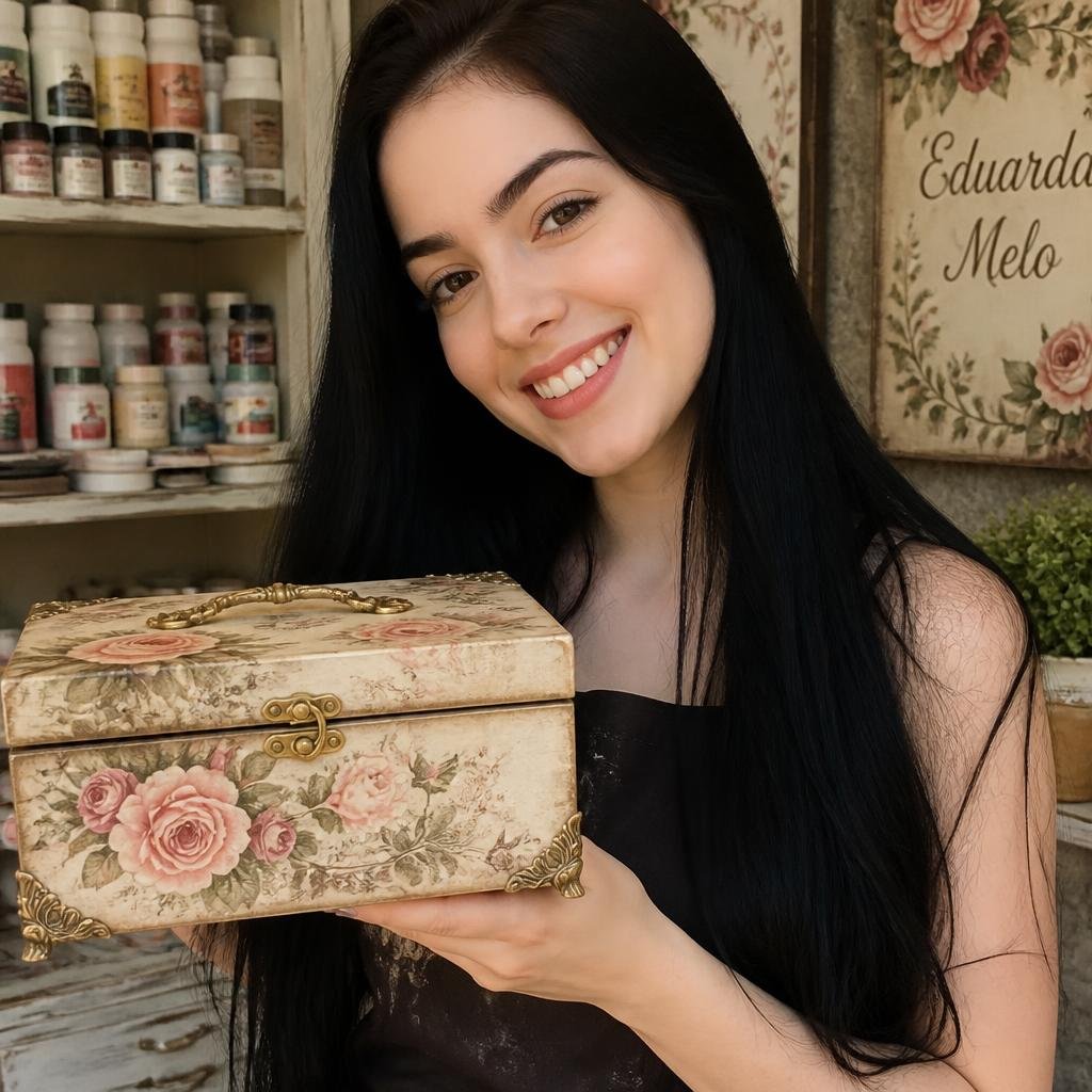 Criadora segurando uma peça de decoupage vintage
